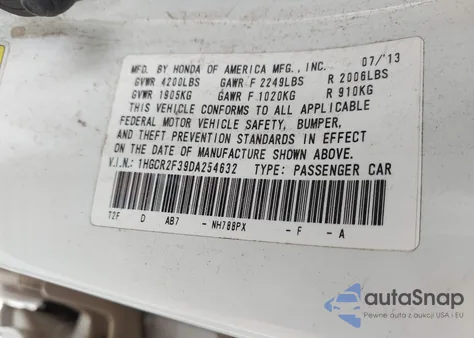 2013 Honda Accord Lx из США, поврежденный, VIN 1HGCR2F39DA254632